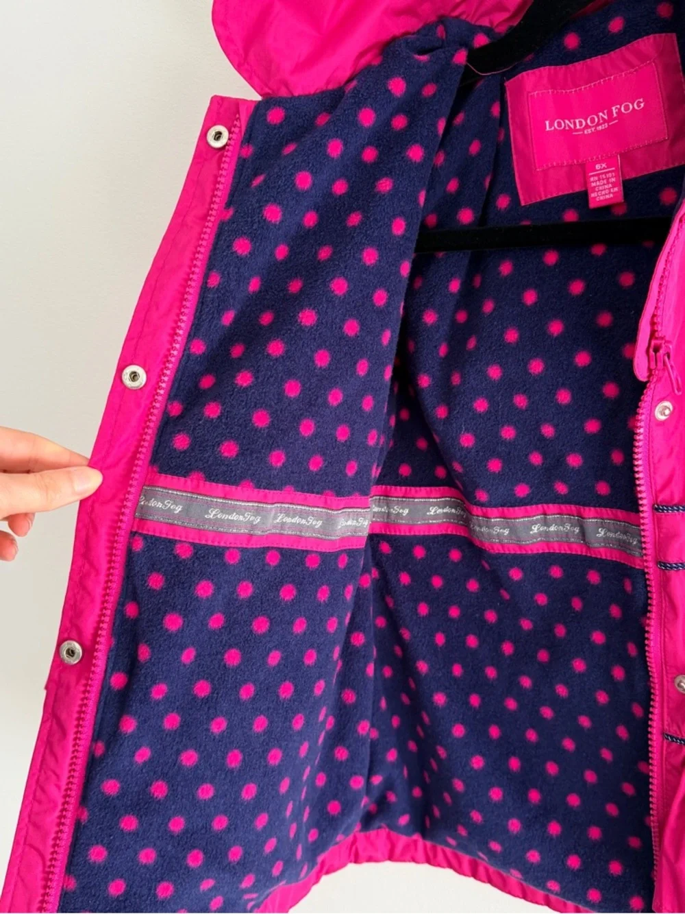London Fog Girls Bright Pink Hooded Raincoat with Navy Polka-Dot Lining